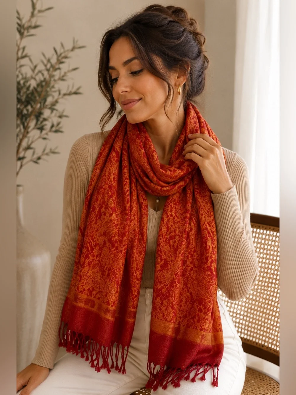 Elegant Red-Orange Jacquard Women’s Scarf